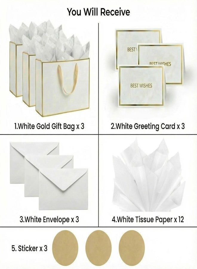 JUNESHE XL Large White and Gold Gift Bags Set of 3, 15.7 inch Paper Bag with Handles Matching Card Envelope Sticker White Tissue Paper for Party Shopping Birthday Wedding Anniversary - Image 3